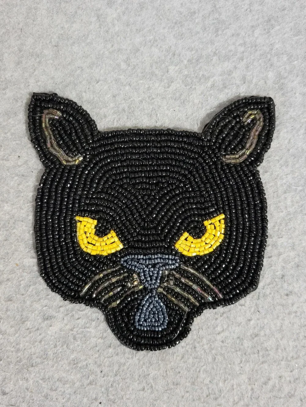 Set of 2 Beaded Black Cat Face Coasters Trivets Wall Art Yellow Eyes Halloween